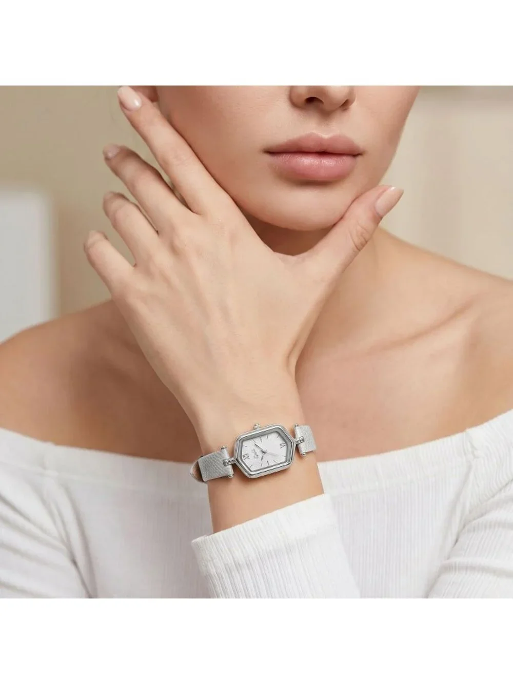 Women's Gray Blue Vintage Slim Leather Strap Bracelet Hexagon Case Wrist Watch